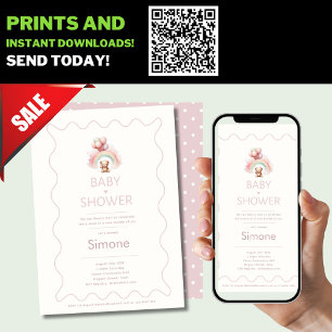 On peut attendre Boho Teddy Bear Invitations roses