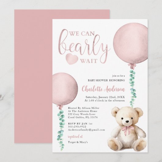 On peut attendre Pink Bear Baby shower Invitation (Devant / Derrière)