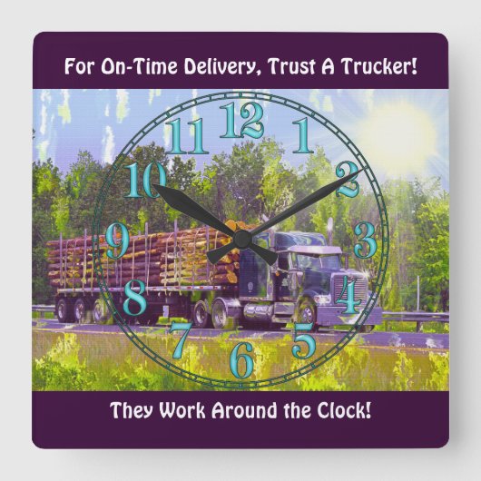 On-Time Delivery Logging Truck Wall Clock Vierkante Klok (Voorkant)