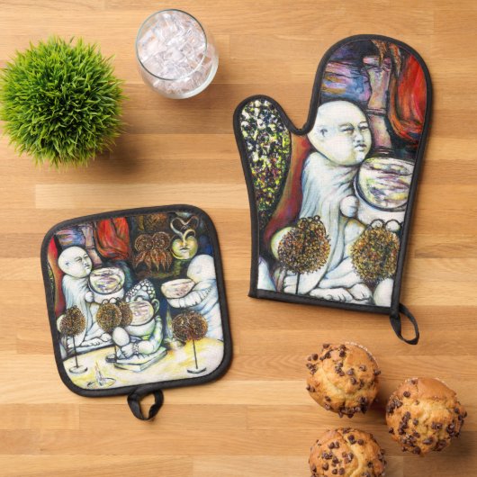 Onaangedaan door uitdaging ovenwant & pannenlap set (Top down)