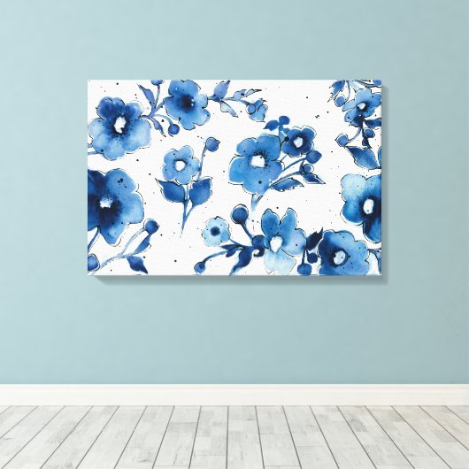 Onafhankelijke blauwe bloemen canvas afdruk (Insitu (Houten vloer))