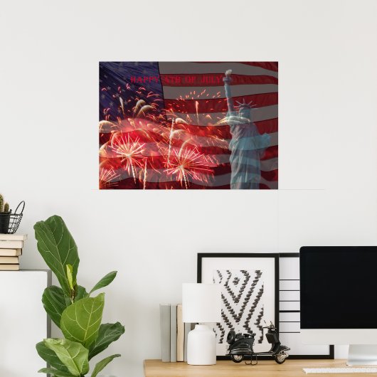 Onafhankelijkheidsdag vuurwerk en vrijheidsbeeld poster (Thuiskantoor)