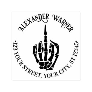 Onbeleefde skelet hand middelvinger naam adres zelfinktende stempel