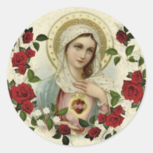 Onbevlekt Hart Maagd Maria Rode Rozen Ronde Sticker