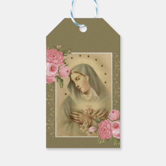 Onbevlekt hart van Mary Pink Roses Floral Cadeaulabel (Voorkant)