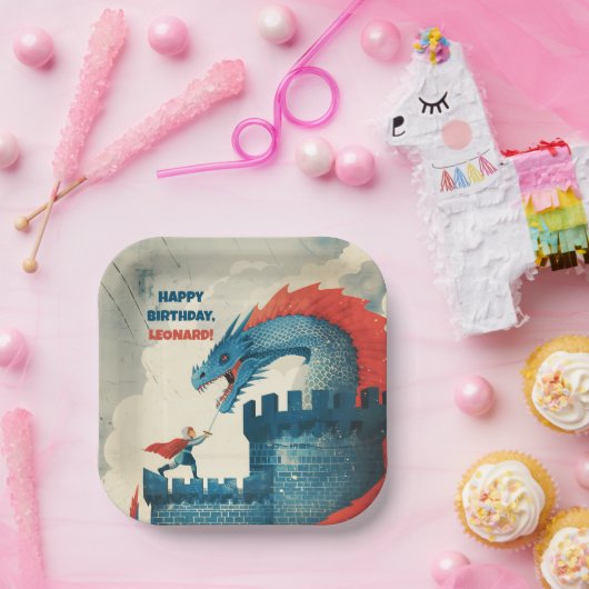 Onbevreesde ridder en draak papieren bordje (Feest)