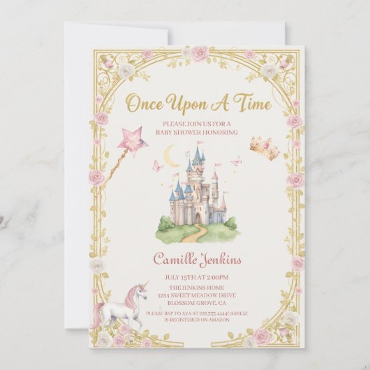 once upon a time fairytale frame gold baby shower kaart (Voorkant)