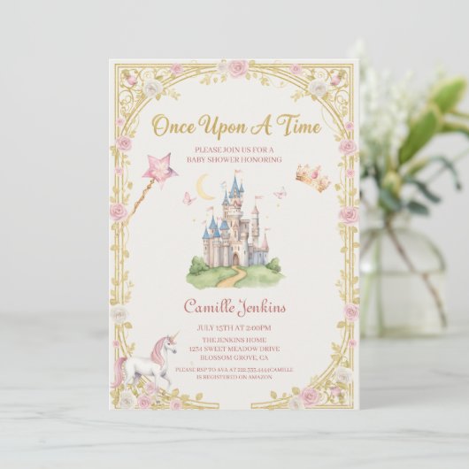 once upon a time fairytale frame gold baby shower kaart (Staand voorkant)