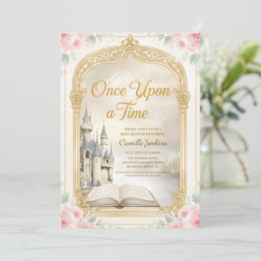 once upon a time fairytale frame gold baby shower kaart (Staand voorkant)