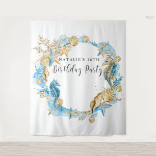 Onder de achtergrond van de Zee Blue Gold Birthday Wandkleed