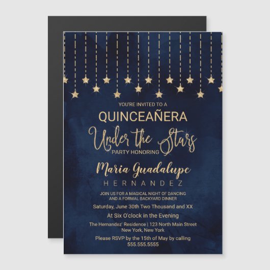 Onder de sterren Navy Blue Gold Sparkle Quinceañer Magnetische Uitnodiging (Voorkant / Achterkant)