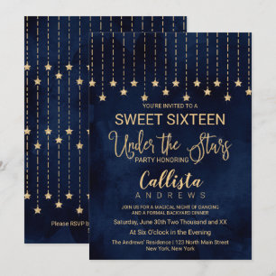 Onder de sterren Navy Blue Gold Sparkles Sweet 16 Kaart