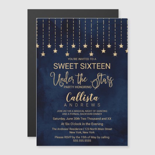Onder de sterren Navy Blue Gold Sparkles Sweet 16 Magnetische Uitnodiging (Voorkant / Achterkant)