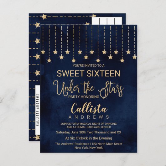 Onder de sterren Navyblauw Gouden glitters Sweet 1 Uitnodiging Briefkaart (Voorkant / Achterkant)