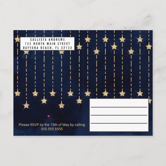 Onder de sterren Navyblauw Gouden glitters Sweet 1 Uitnodiging Briefkaart (Achterkant)