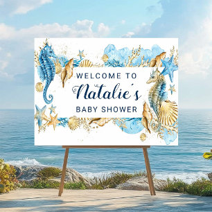 Onder de zee blauw & goud welkomstbord voor baby s poster
