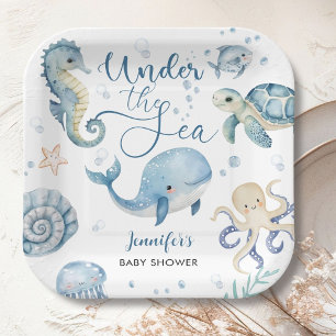 Onder De Zee Blauw Jongen Waterverf Baby Shower Papieren Bordje