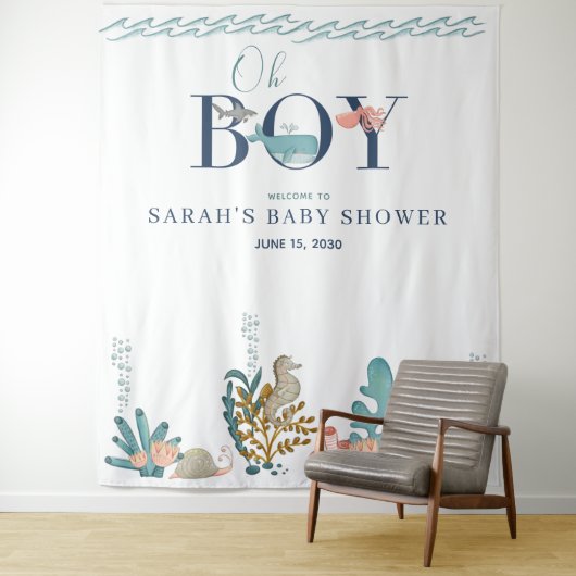 Onder de Zee Blauw Waterverf Oh Jongen Babyfeestje Wandkleed (In situ)