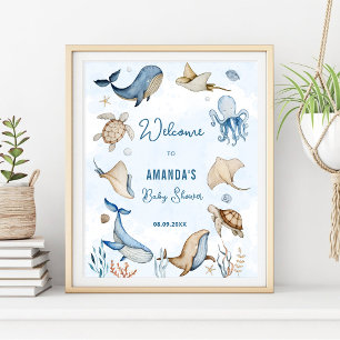 Onder de zee blauwe baby shower welkom poster