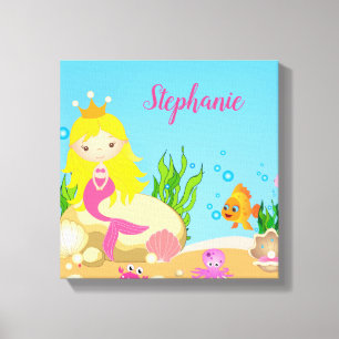 Onder de Zee Cute Blonde Mermaid Custom Name Canvas Afdruk