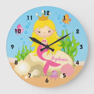Onder de Zee Cute Blonde Mermaid Custom Name Grote Klok