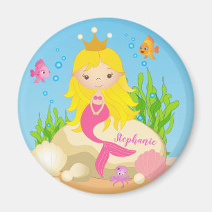 Onder de Zee Cute Blonde Mermaid Custom Name Magneet