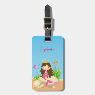 Onder de Zee Cute Brunette Mermaid Custom Name Bagagelabel