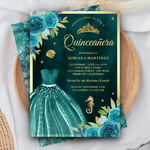 Onder de Zee Donker Teal Zeemeermin Goud Quinceane Kaart