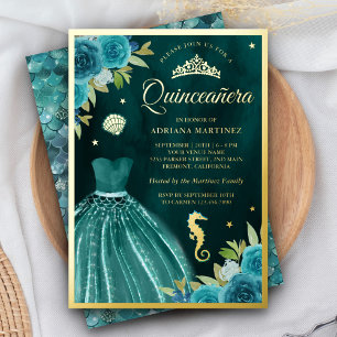 Onder de Zee Donker Teal Zeemeermin Quinceanera Go Folie Uitnodiging