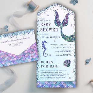 Onder de Zee Paarse Zeemeermin Baby Shower All In One Uitnodiging