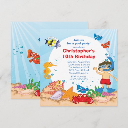 Onder de Zee Pool Party Birthday Invitation boy Kaart (Voorkant / Achterkant)
