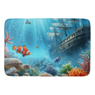 Onder de zee, schildpad, koraal, schip, clownvis badmat