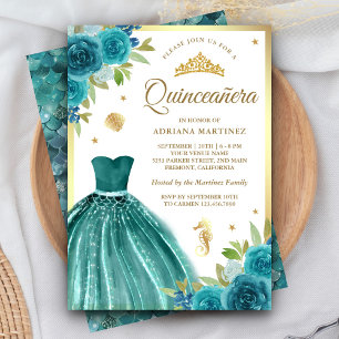 Onder de Zee Teal Jurk Zeemeermin Goud Quinceanera Kaart