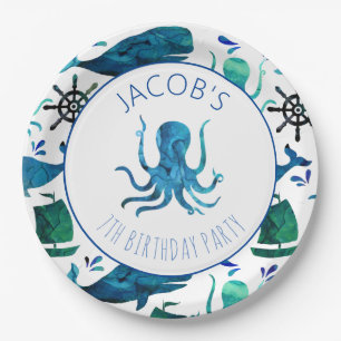 Onder de Zee Waterverf Ocean Octopus Birthday Papieren Bordje