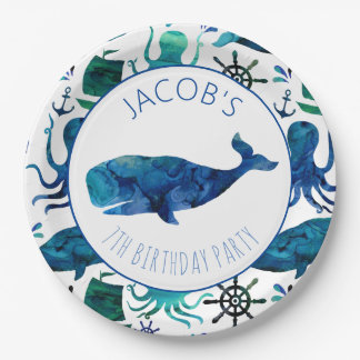 Onder de Zee Waterverf Ocean Whale Birthday Papieren Bordje