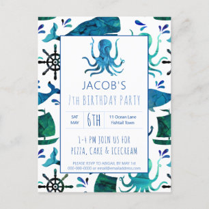 Onder de Zee Waterverf Octopus Birthday Nautical Uitnodiging Briefkaart