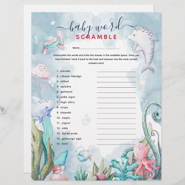 Onder de Zee 'Word Scramble'-Baby shower (Voorkant / Achterkant)