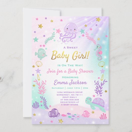 Onder de Zeeen Baby showers Uitnodiging Roze & Gou (Voorkant)