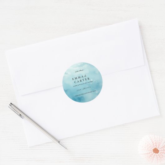 Onder de zeewaterverf bruiloft Elegante script Ronde Sticker (Envelop)