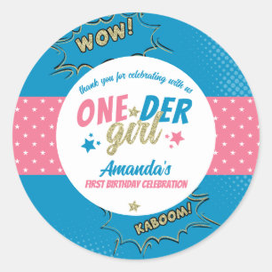 Onder Girl Roze en Blauwe Eerste Verjaardag Ronde Sticker