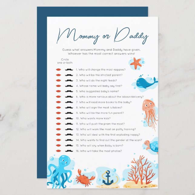 Onder het Zee Baby shower raad eens wie mama of pa (Voorkant / Achterkant)