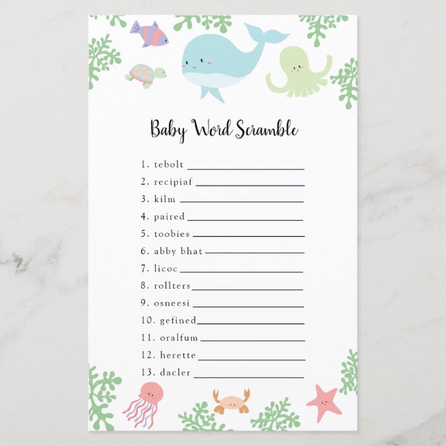 Onder het Zee Baby shower Word Scramble Game (Voorkant)