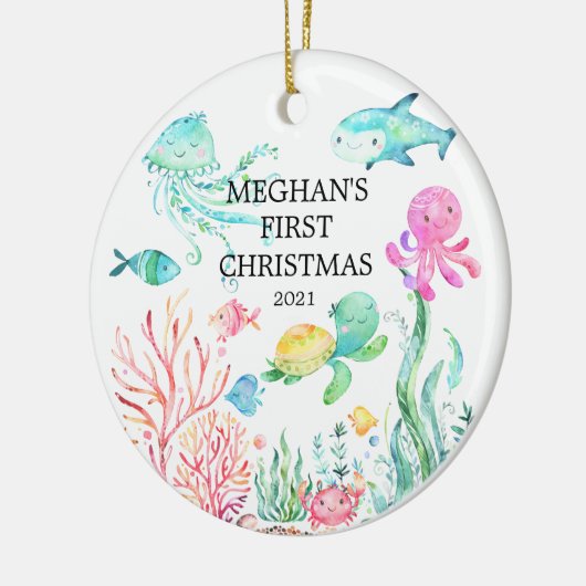 Onder het Zee Baby's eerste kerstversiering Keramisch Ornament (Links)