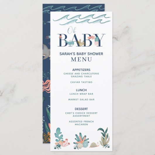 Onder het Zee Blauwe Waterverf Oh Baby shower Menu (Voorkant / Achterkant)