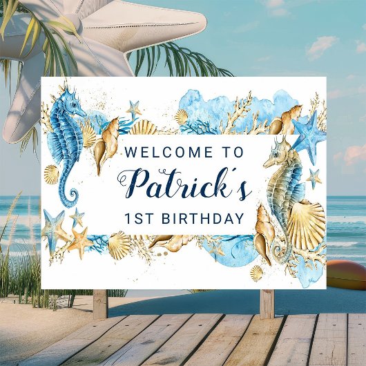 Onder het Zee Blue and Gold Birthday Party Welcome Poster