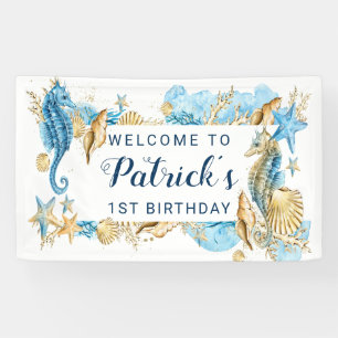 Onder het Zee Blue and Gold Birthday Party Welcome Spandoek