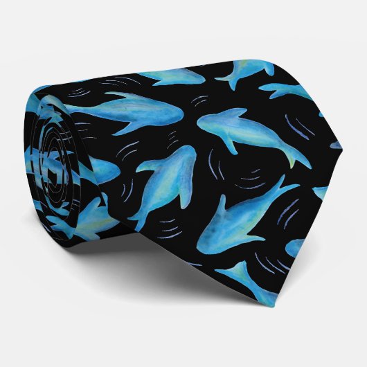 Onder het Zee Blue Black Shark Fish Pattern Stropdas (Opgerold)