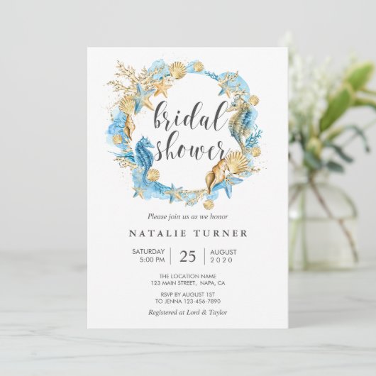 Onder het Zee Blue & Gold Bridal Shower Invitation Kaart (Staand voorkant)