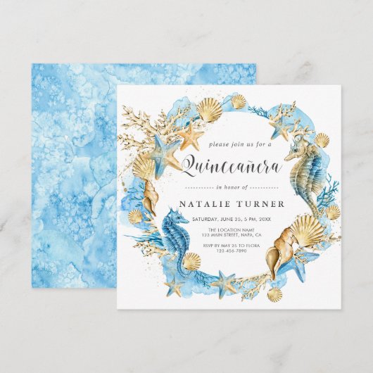 Onder het Zee Blue & Gold Quinceañera Square Kaart (Voorkant / Achterkant)