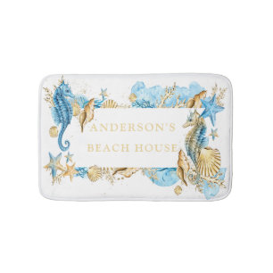 Onder het Zee Blue & Gold Seahorse Beach House Badmat